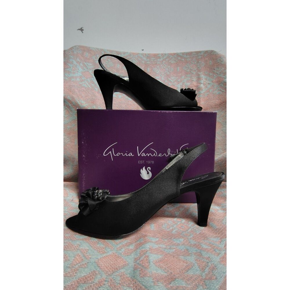 Gloria Vanderbilt Women's Black Open Toe Sling Back Ribbon Sparkle Heels‎ 9M